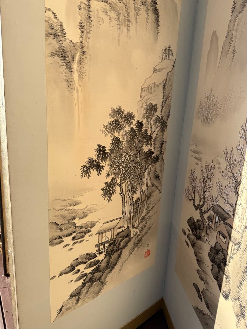 山水　屏風　昭和レトロ 水墨画 衝立 アンティーク　引き取り手渡