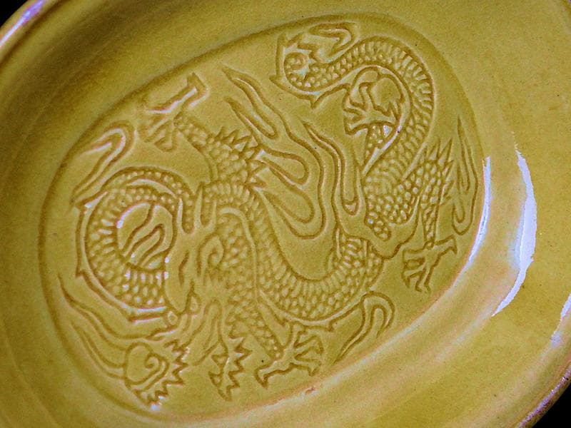 珉平焼 淡路焼 小判形 龍紋の図 陰刻 手塩皿 3枚 D022AS-