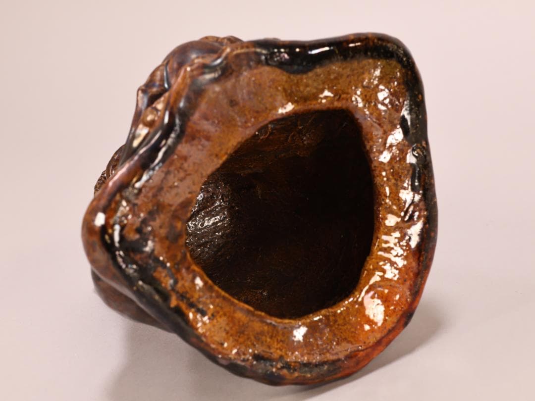 BK400 江戸期 古瀬戸焼 在銘あり 飴釉薬 鬼置物 魔除 風水 ♢江戸時代