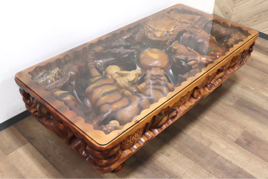 GMHS46○中国美術 十二支 木彫 彫刻 天然木 センターテーブル