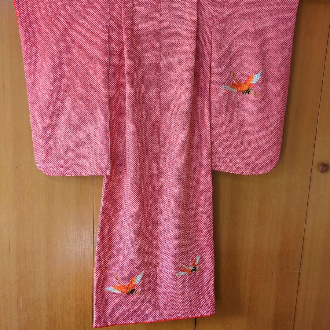 七五三７歳赤色総絞りのお着物と作り帯、帯揚げ帯締めとしごきのセット（長襦袢付き）