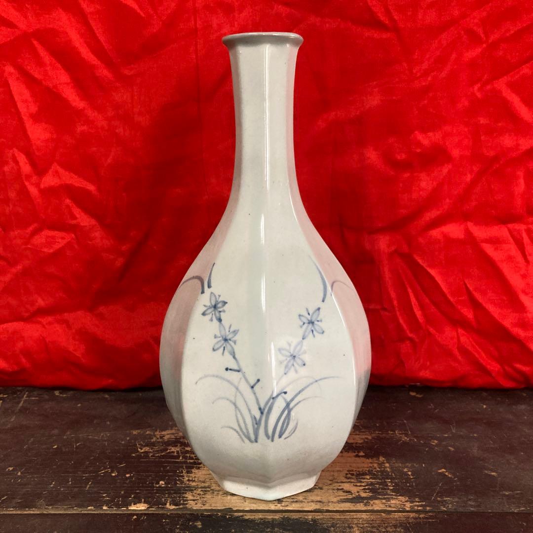 李朝　染付　面取瓶　徳利　秋草文 李朝 染付 面取瓶 徳利 秋草文