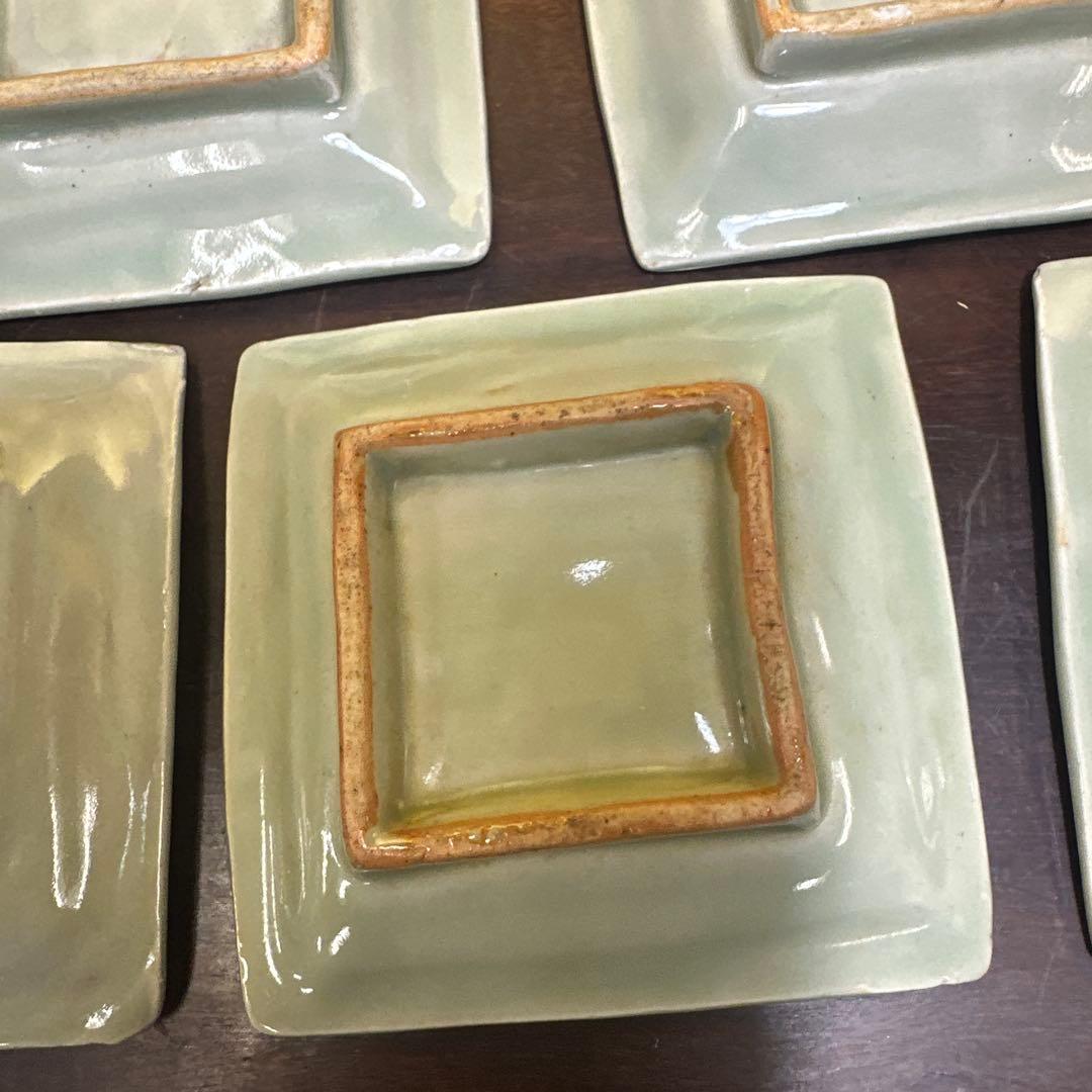 中国，明時代，青瓷，鹿模様の四角い皿 5枚セット