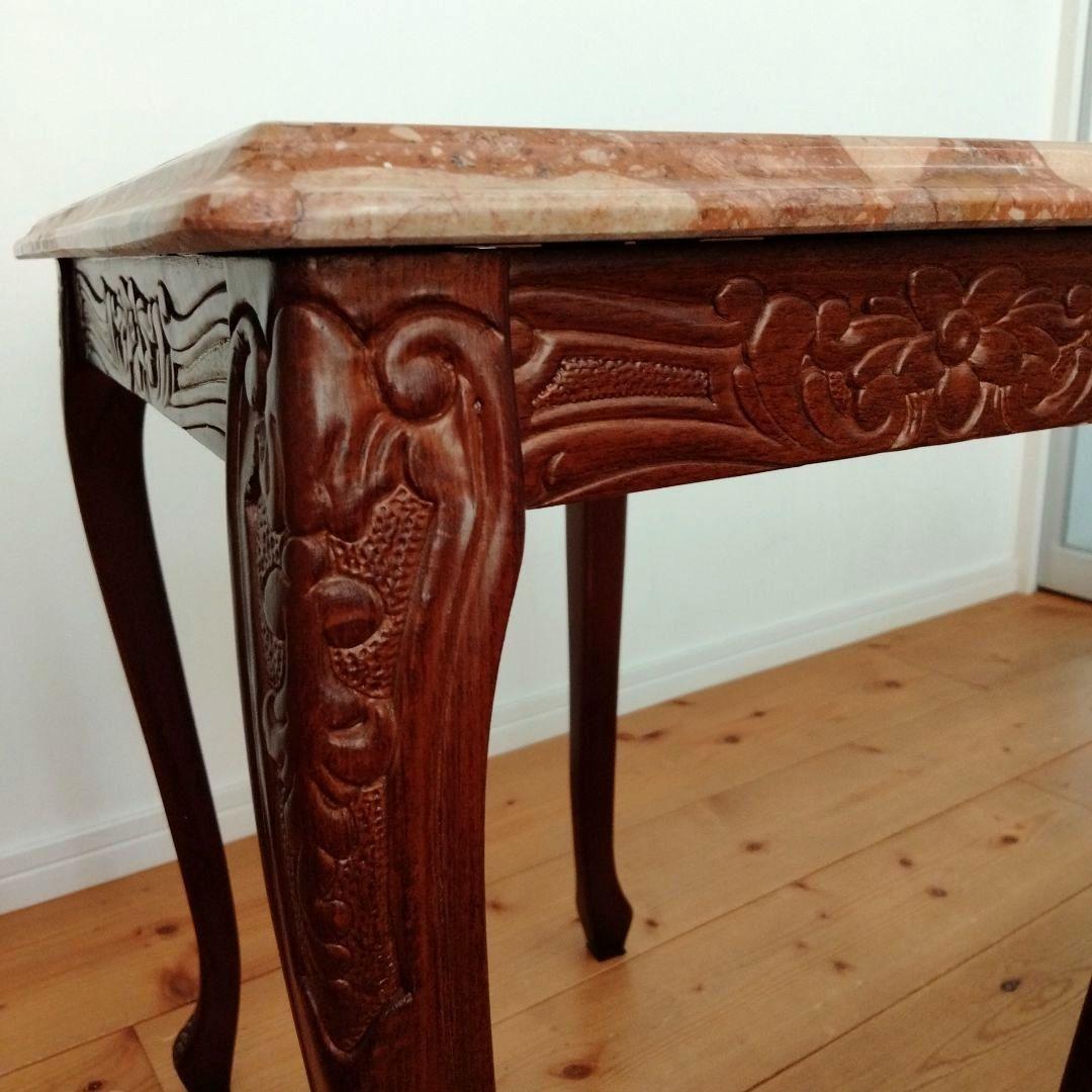 アンティーク大理石 サイドテーブル 猫足花彫刻