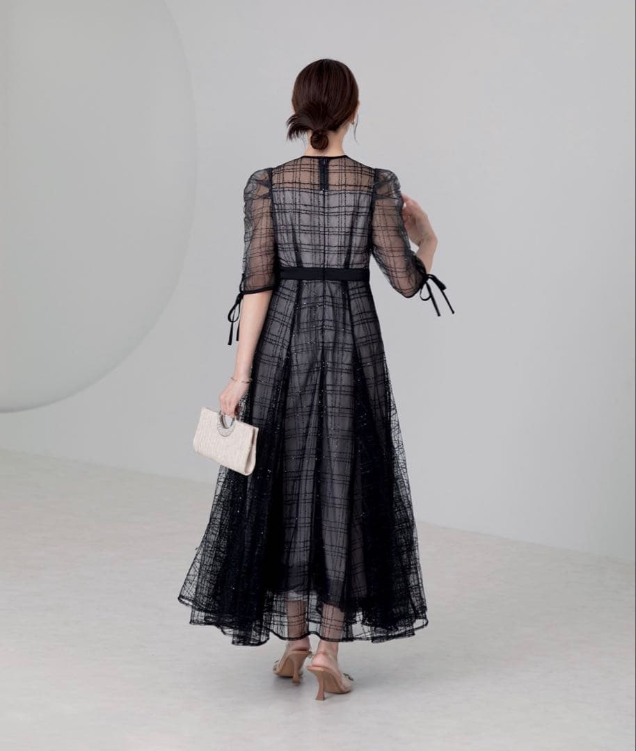 LEJA チェックスパンコールリボンワンピースドレス 結婚式 パーティ