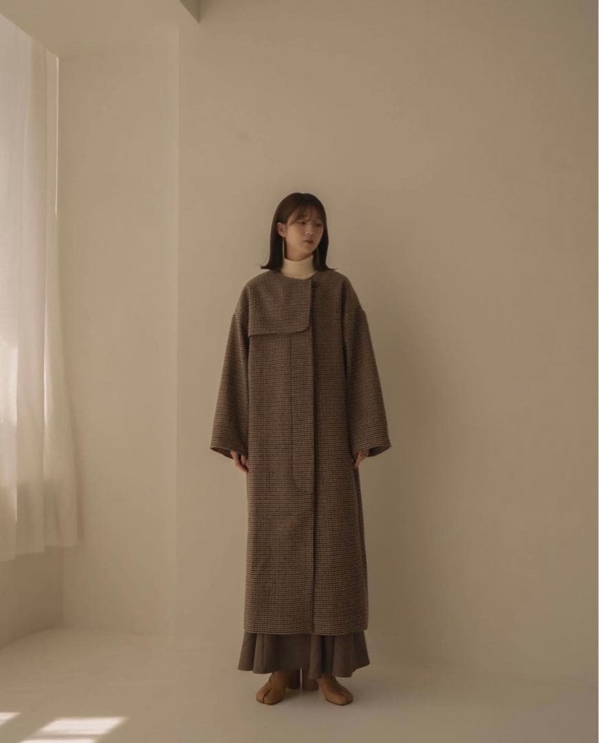 Eaphi ロングコート no collar wool check coat ジャケット・アウター