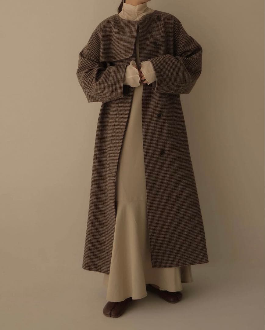 Eaphi ロングコート no collar wool check coat ジャケット・アウター
