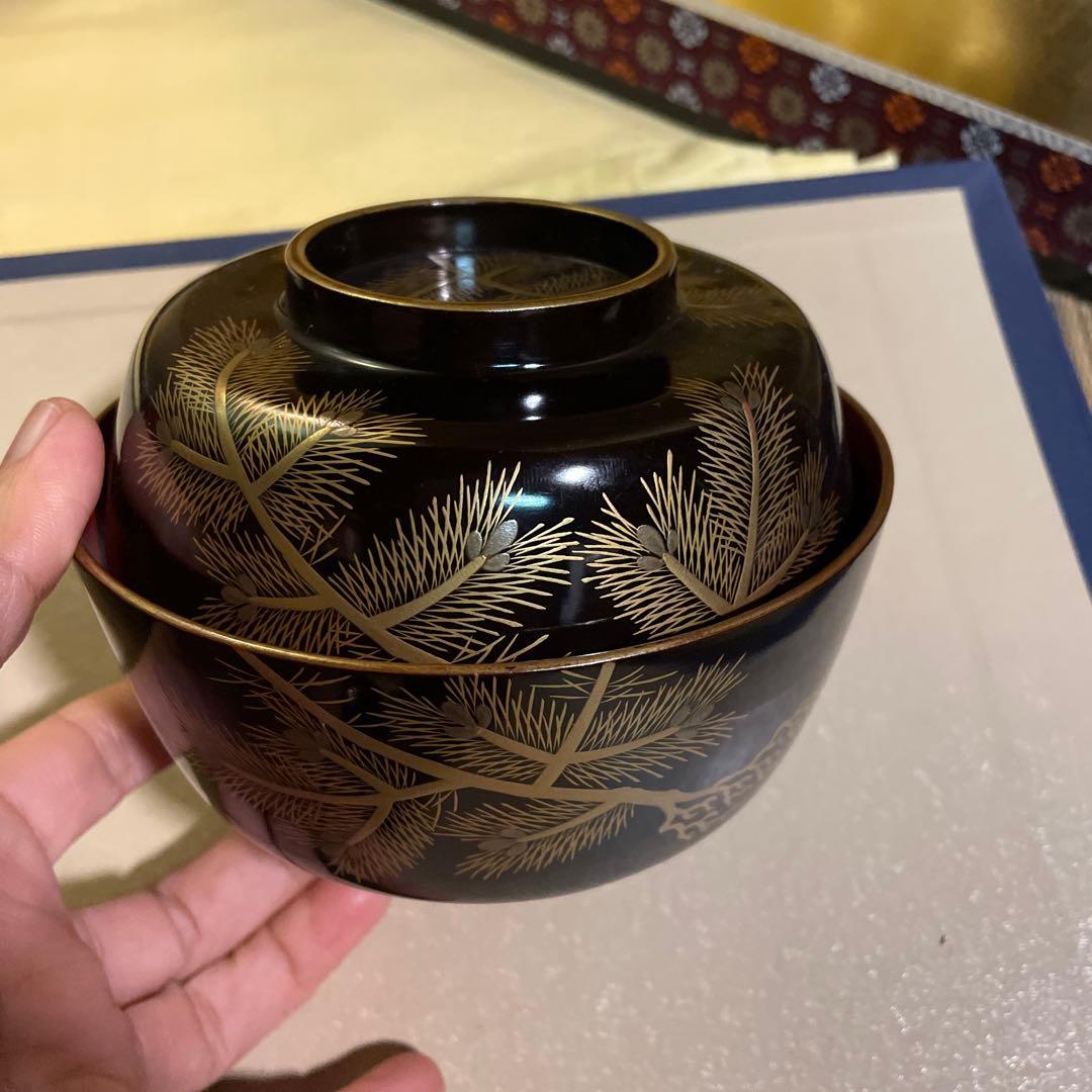 美品　輪島塗 寿松沈金 煮物椀 6客 雑煮椀/大椀/平椀/麺椀/丼椀 漆器