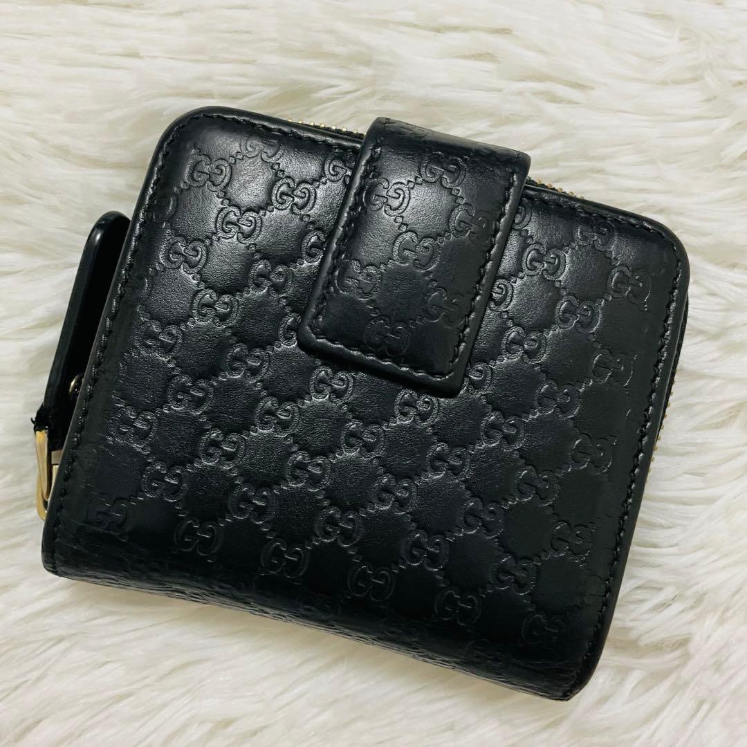 極美✨GUCCI 二つ折り財布 ラウンドジップ マイクロシマ ロゴ レザー 黒