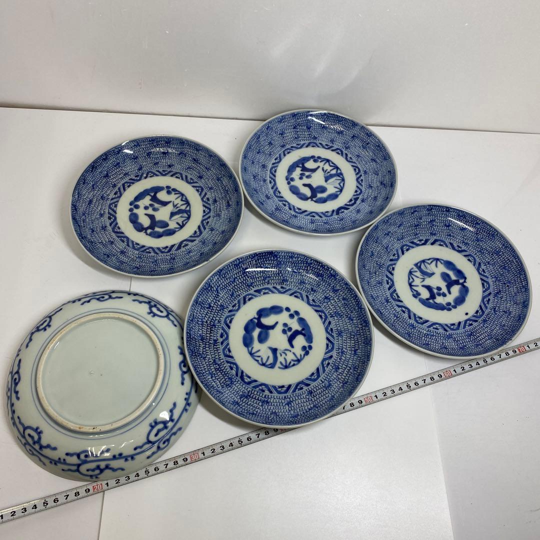 古伊万里 染付 みじんこ七寸皿 5枚 直径21.5㎝ タカチ 東さ