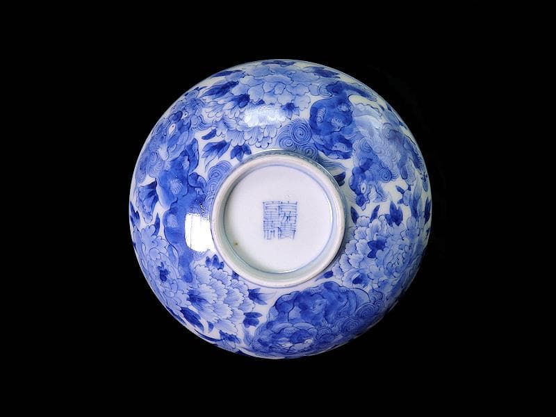 平戸　染付　唐獅子牡丹の図　蓋茶碗　E863AS-COz