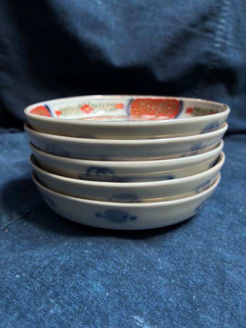 古伊万里 金彩色絵花文様 小皿 5枚 傷無し 明治 直径12.3センチ