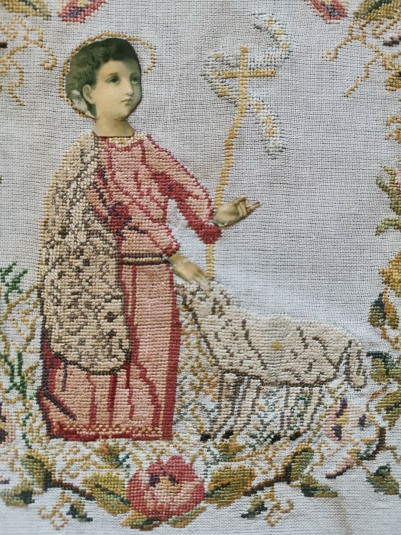 アンティーク 洗礼者聖ヨハネと羊プチポワン 薔薇朝顔菫ニードル