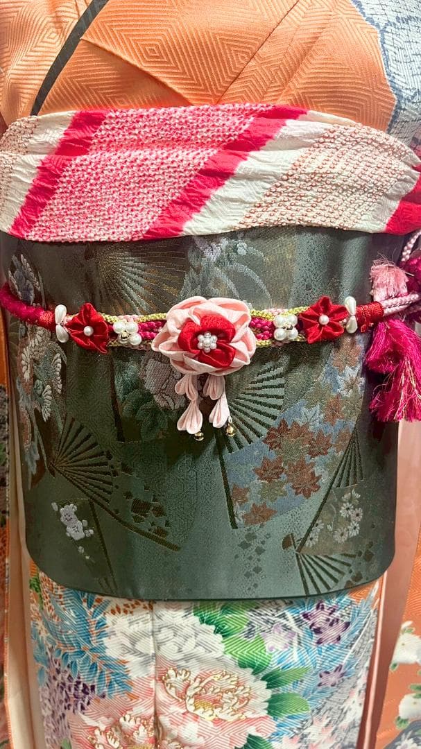 美品】振袖フルセット成人式6点セット オレンジ/緑/黒/ピンク/花柄