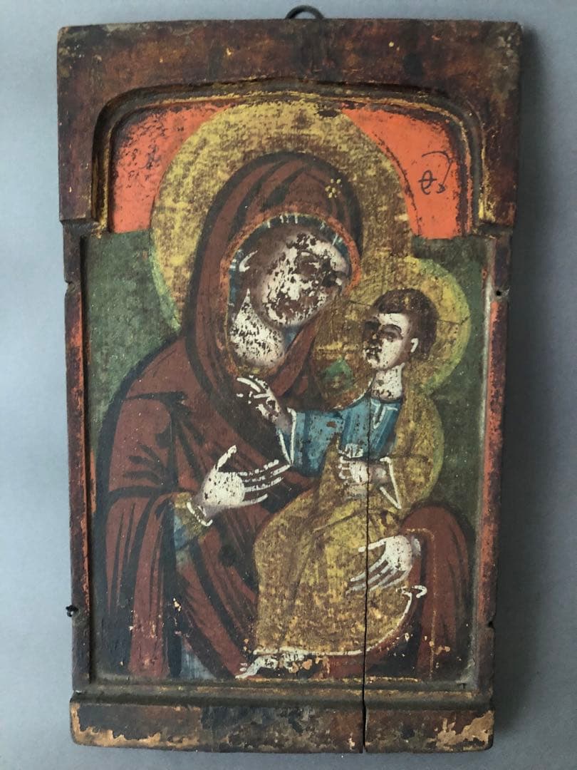 送料無料 18-19世紀手書き陶板「聖母マリア」 イタリア購入 送料無料18