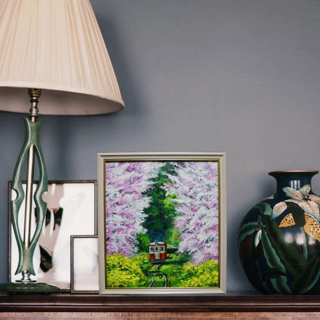 油絵 油彩 油彩画 絵画 絵 【桜と菜の花の鉄道】