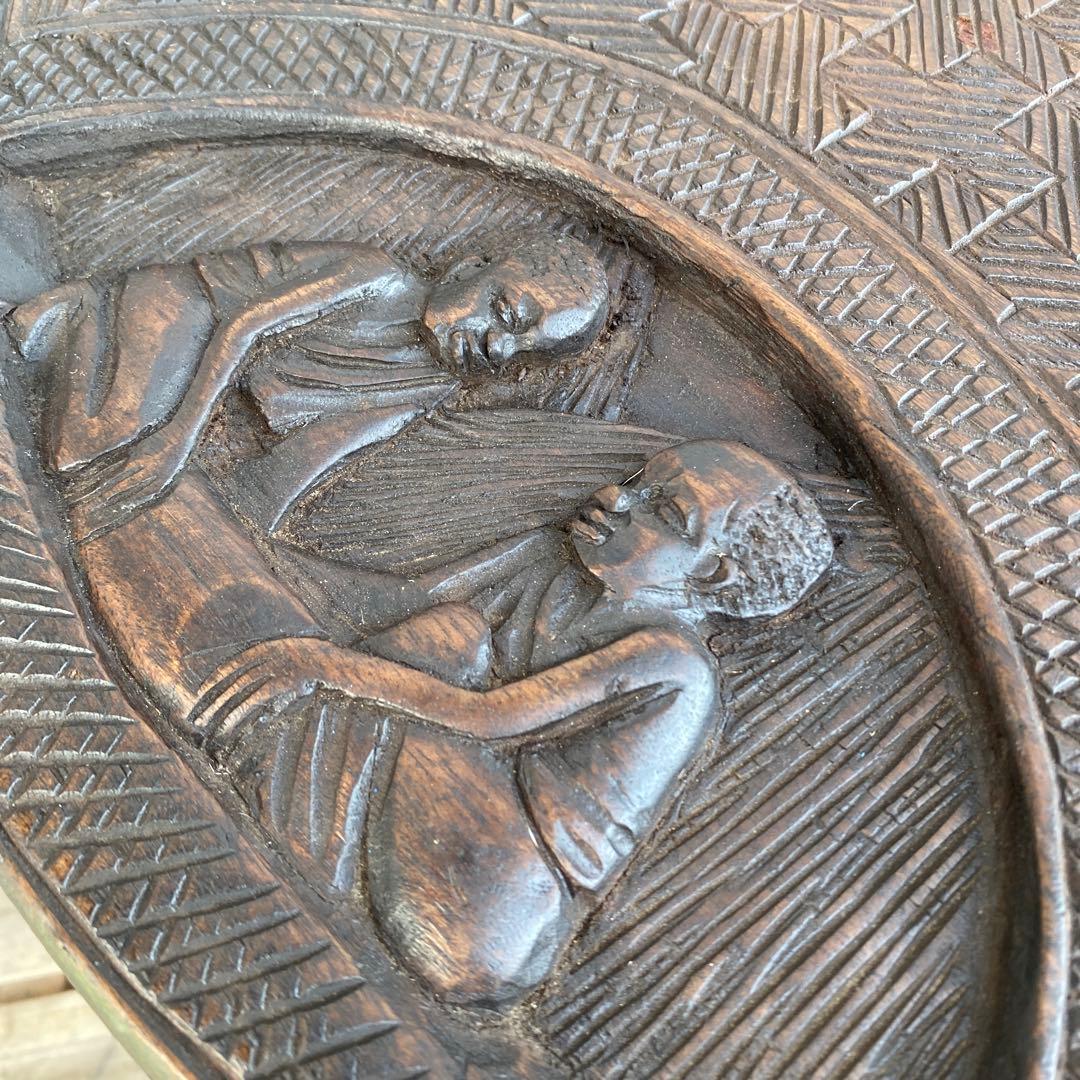 ヴィンテージテーブル 木彫 ガラス天板 インテリア 店舗什器 アフリカ