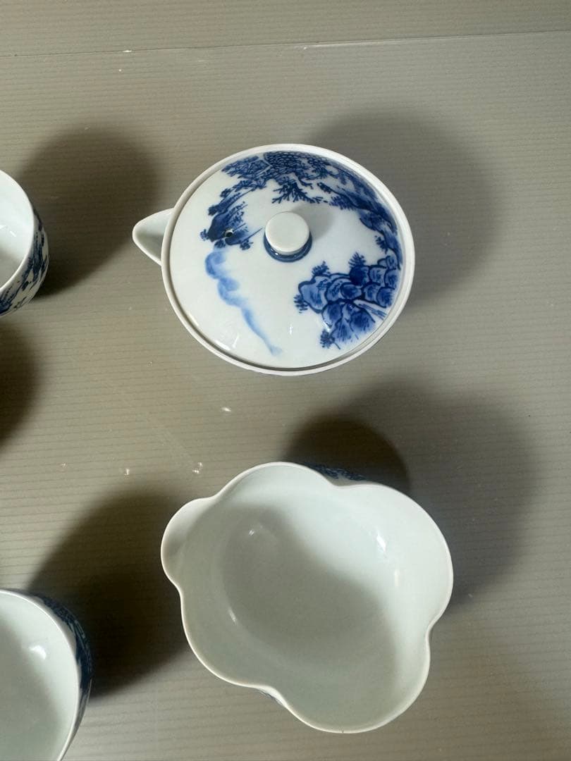 2334 平安草仙 染付青花 茶器セット 宝瓶1客 湯冷し1客 湯呑5客 鉢付き