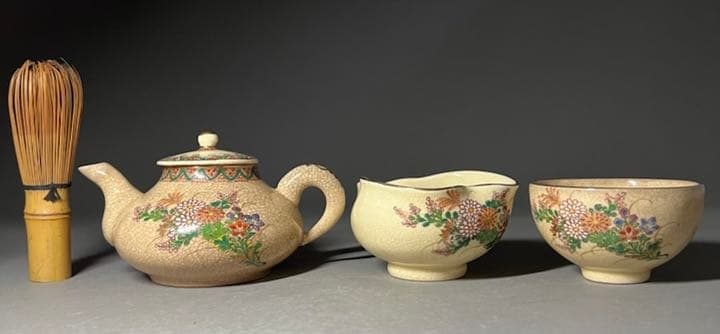 エビス】急須 湯冷まし 茶碗 薩摩焼 色絵花唐草文 煎茶道具 合箱