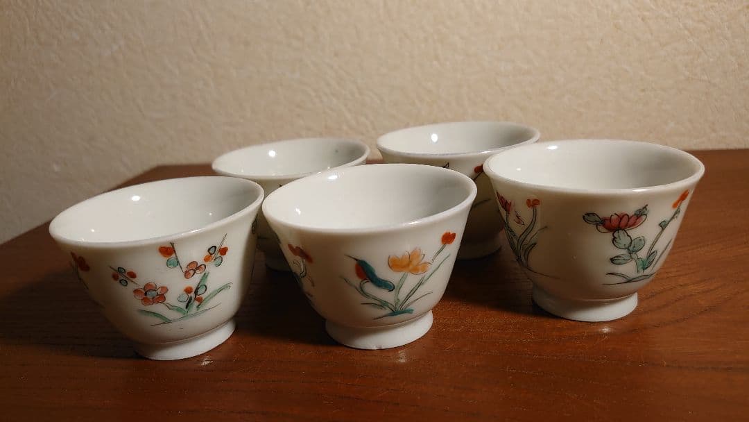 李朝 白磁 色絵 華の図 アンティーク李朝 煎茶碗 5客