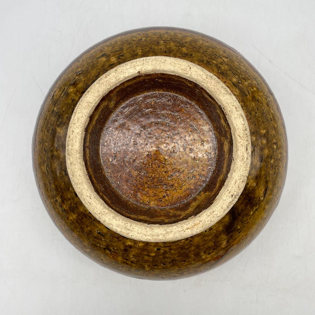 鳥取民藝　中井窯　牛ノ戸焼　波状模様の茶色陶器ボウル　足つき深鉢