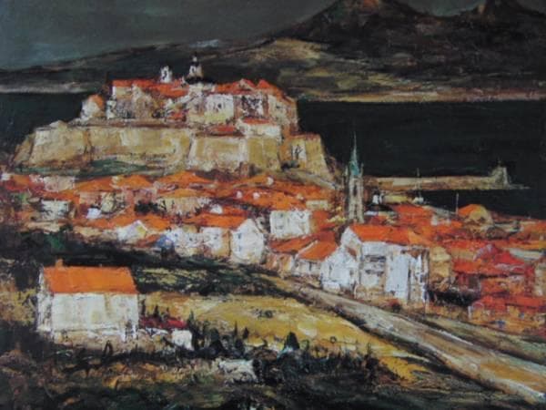 浮田克躬、【コルシカの港町】、希少な額装用画集より、新品額装付、状態良好