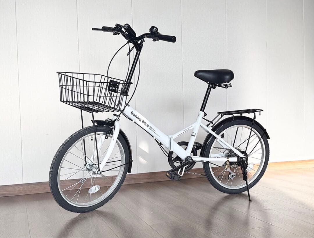 新品 折りたたみ自転車 20インチ 6段変速 カゴ・ライト・錠付き 白