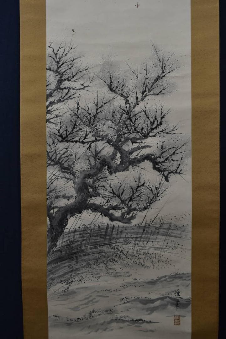 【真作】広本進/春日/梅花小禽図/早春図/掛軸/名家伝来/AA-142