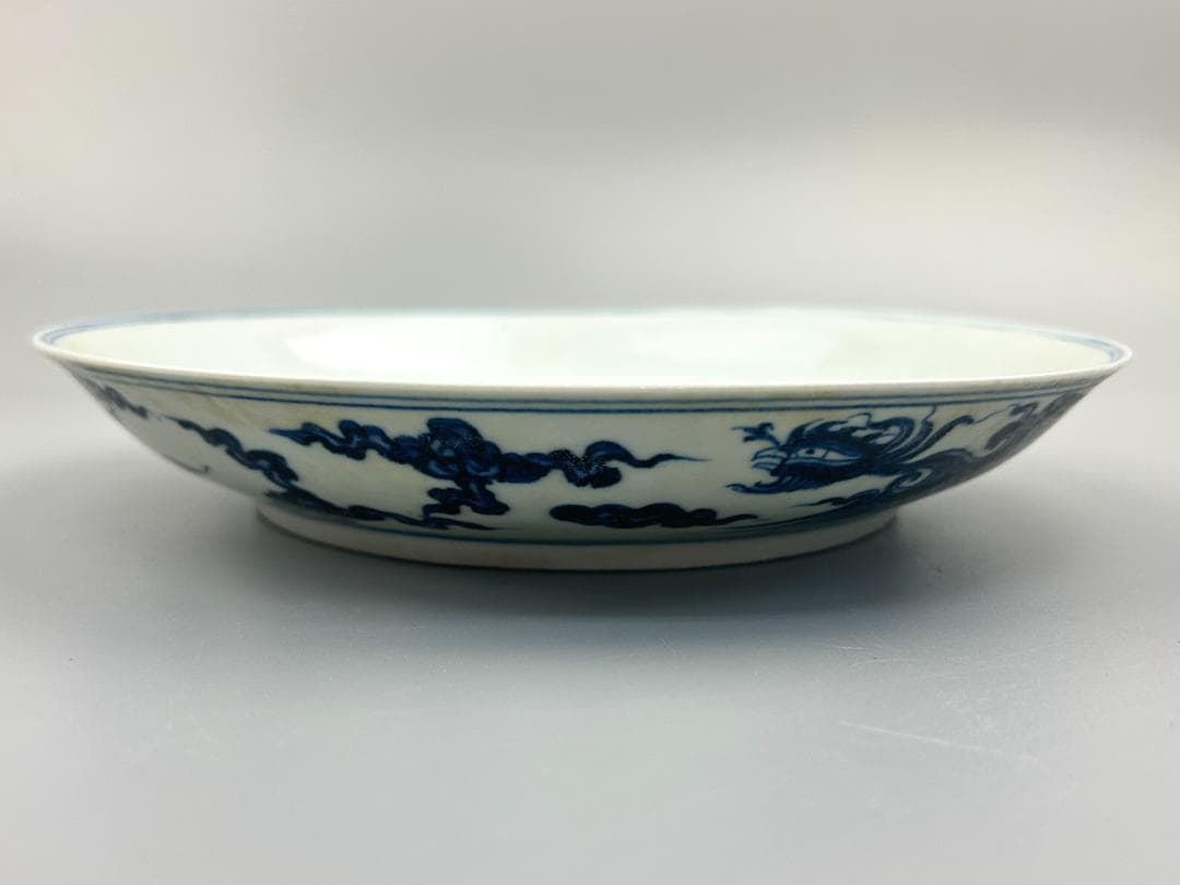 明時代 染付 龍鳳紋 皿 飾り皿 宣徳 時代物 落款 民家蔵出し