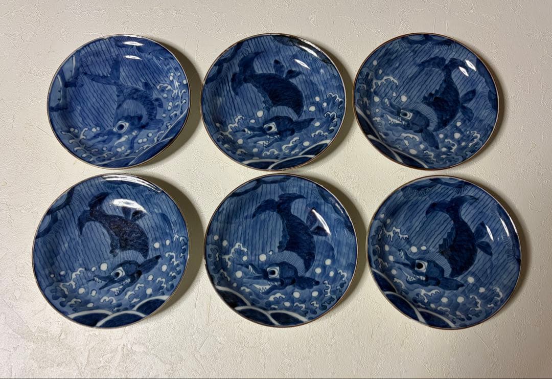 中国古玩 新渡 染付 皿 在銘 唐物 時代物 6枚セット 鯱