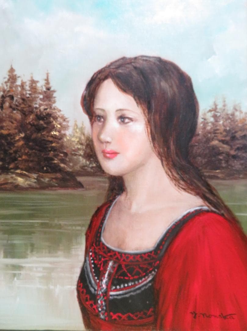 能仲ヤツヲ　「湖の女」　油彩　F6号　　モダンアート会員　叙情とロマンの世界