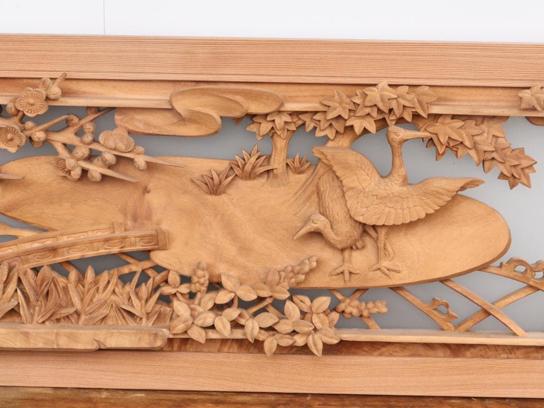 BK193 高級建具 井波彫刻 濱坂中義 作 書院 欄間 水鳥に庭園の図