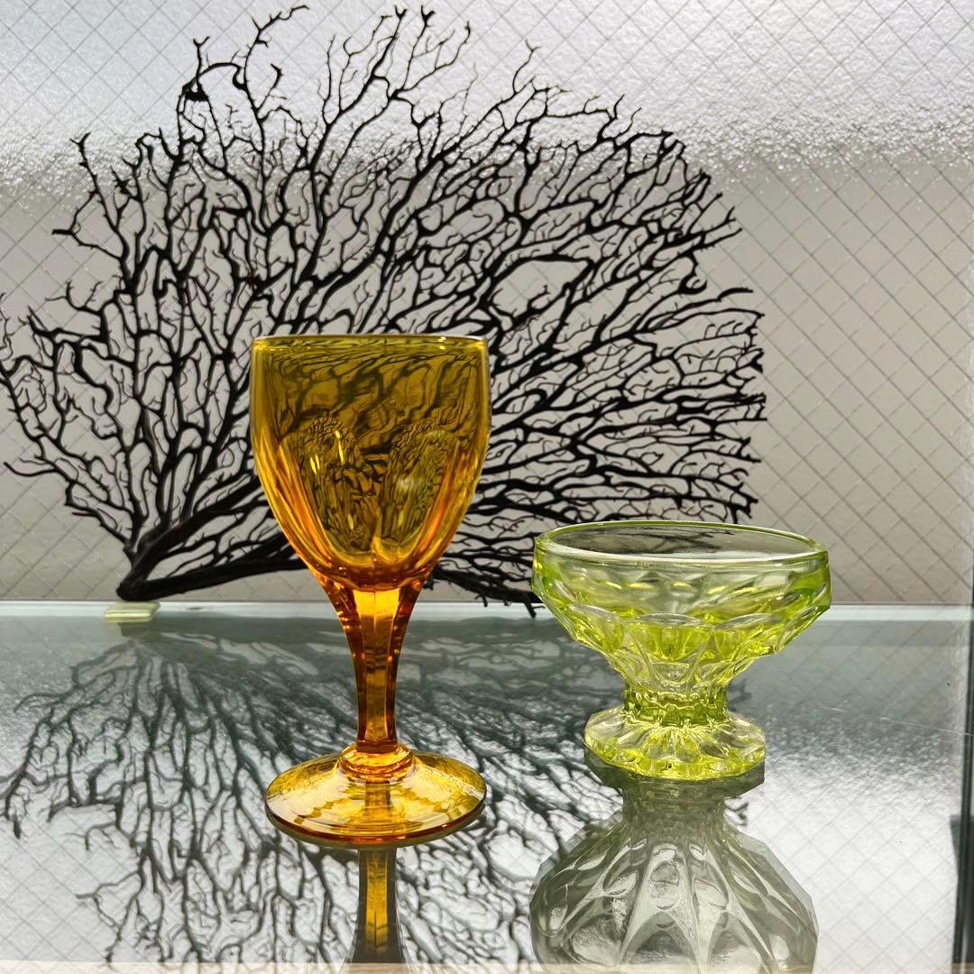 骨董 時代ガラス 希少鼈甲色 ライトアンバー飴色 オーバルカット 切子