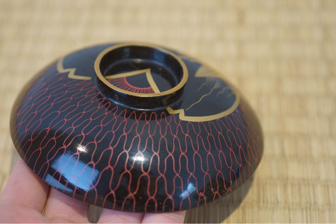 江戸後期 京蒔絵 猟師図蒔絵 波千鳥文 黒漆 吸物椀 2客/ 木製漆器 茶懐石