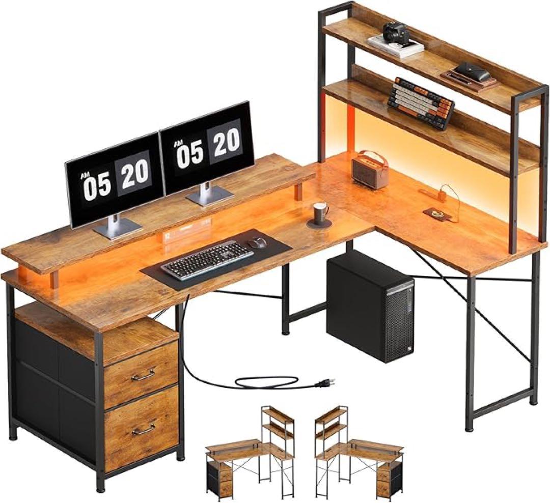 L字型パソコンデスク 収納棚付き