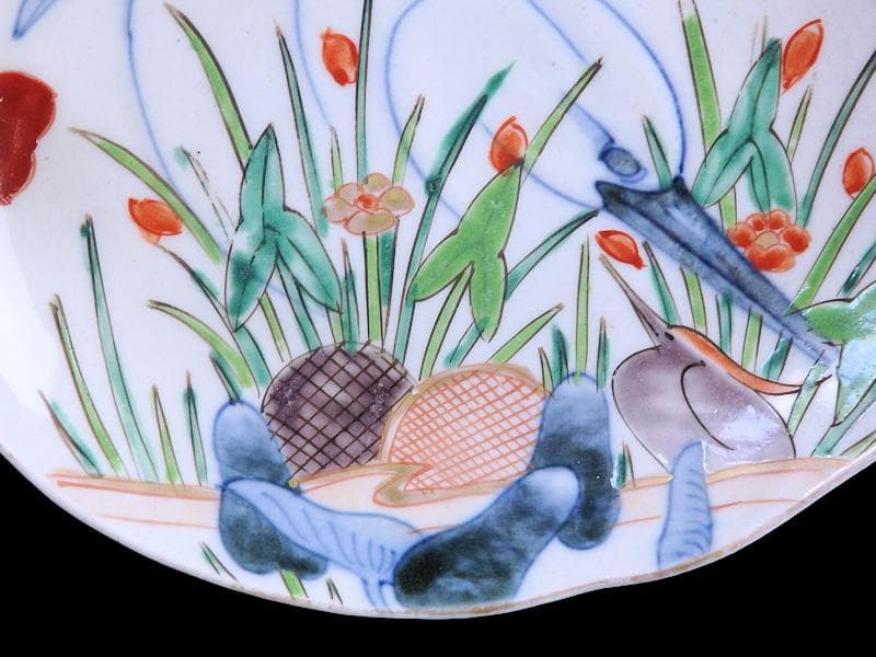 辻製　宮内庁御用達　色絵　双鷺に沢瀉の図　変形皿　５客　E943AS-fbrｍ
