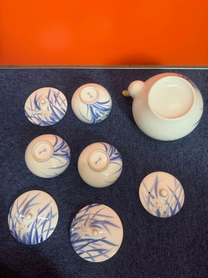 1702 深川製磁 菖蒲 茶器セット 急須1客 湯呑蓋付3客