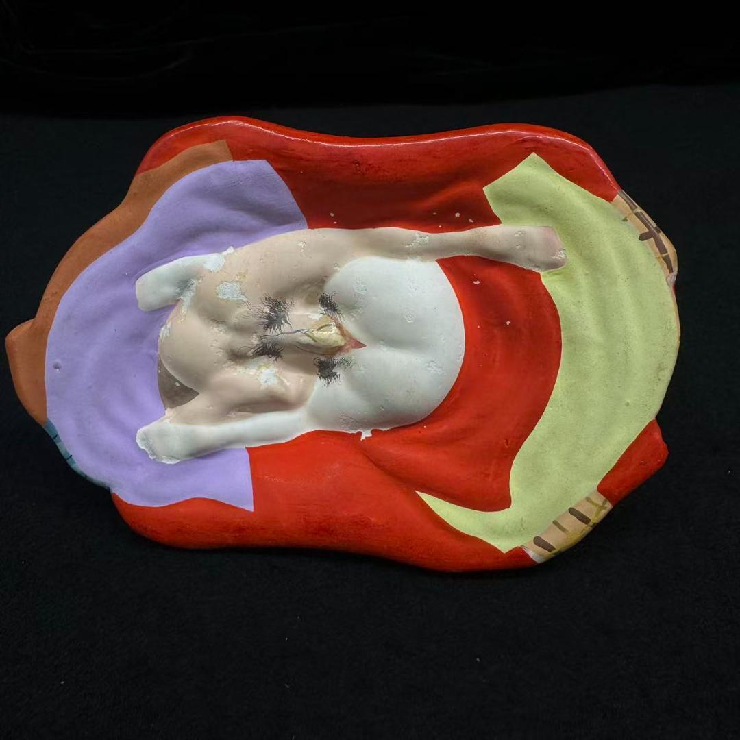 値下げ！骨董 春画人形 裏隠し 置物 彩色土人形 炬燵の男女 昭和レトロ