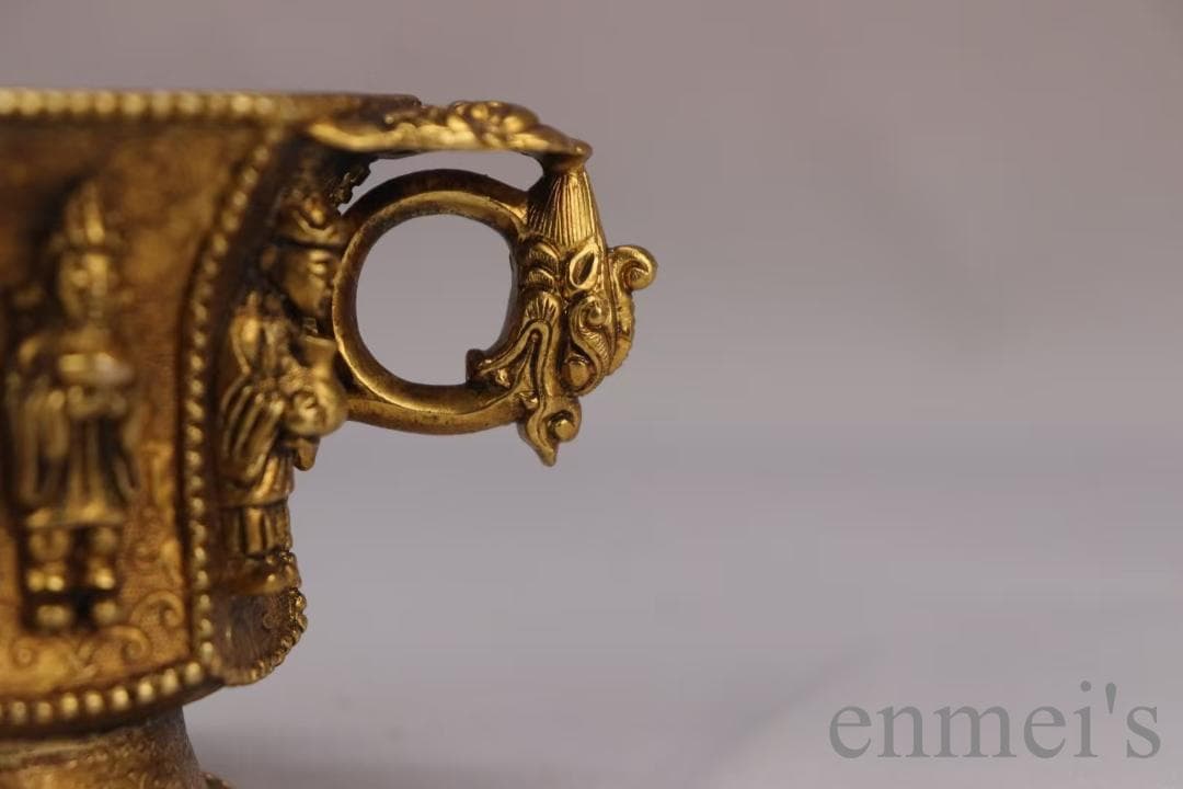 中国古美術 旧蔵 唐代 大唐貞觀款 鍍金銅酒杯 八仙紋