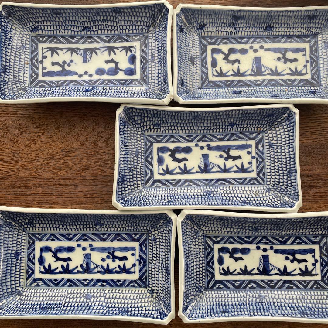 古伊万里染付 微塵唐草 松竹梅 五客揃 長皿5客 骨董アンティーク