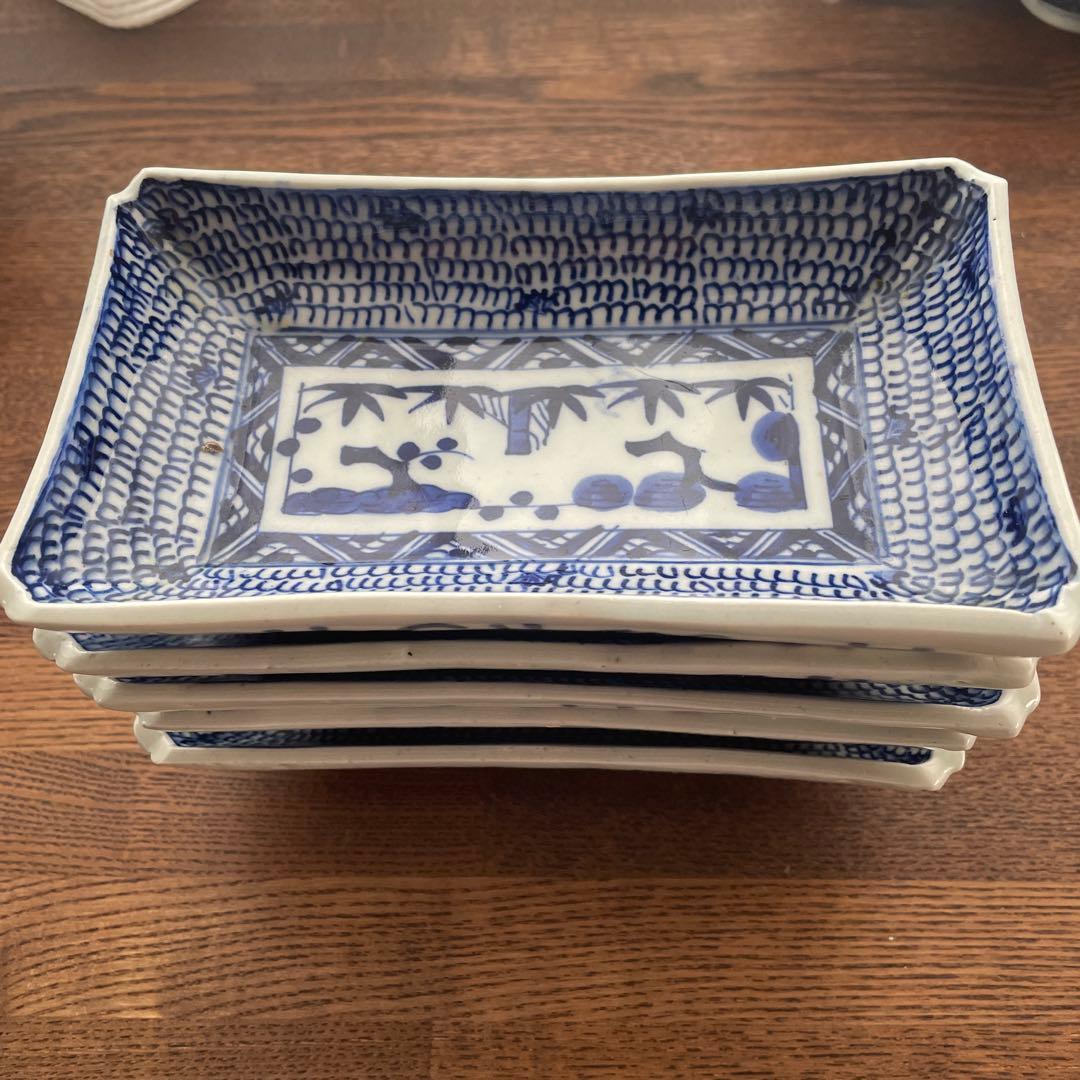 古伊万里染付 微塵唐草 松竹梅 五客揃 長皿5客 骨董アンティーク