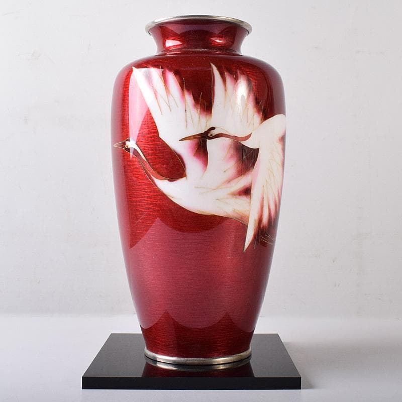 七宝焼　安藤七宝店　旭光釉双鶴文　花瓶　高さ約31㎝　台付　共箱　MR8333B