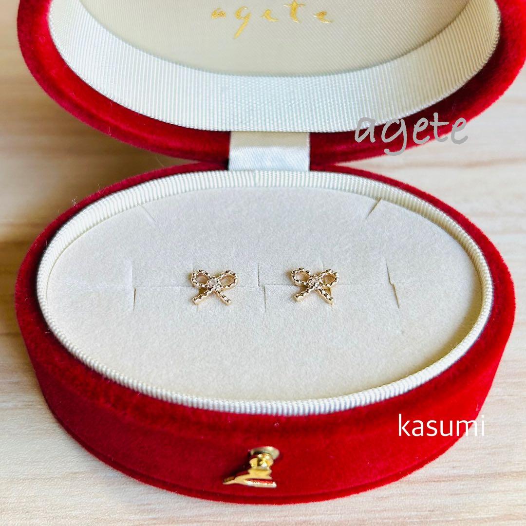 agete】アガット ピアス K10 リボン ダイヤ