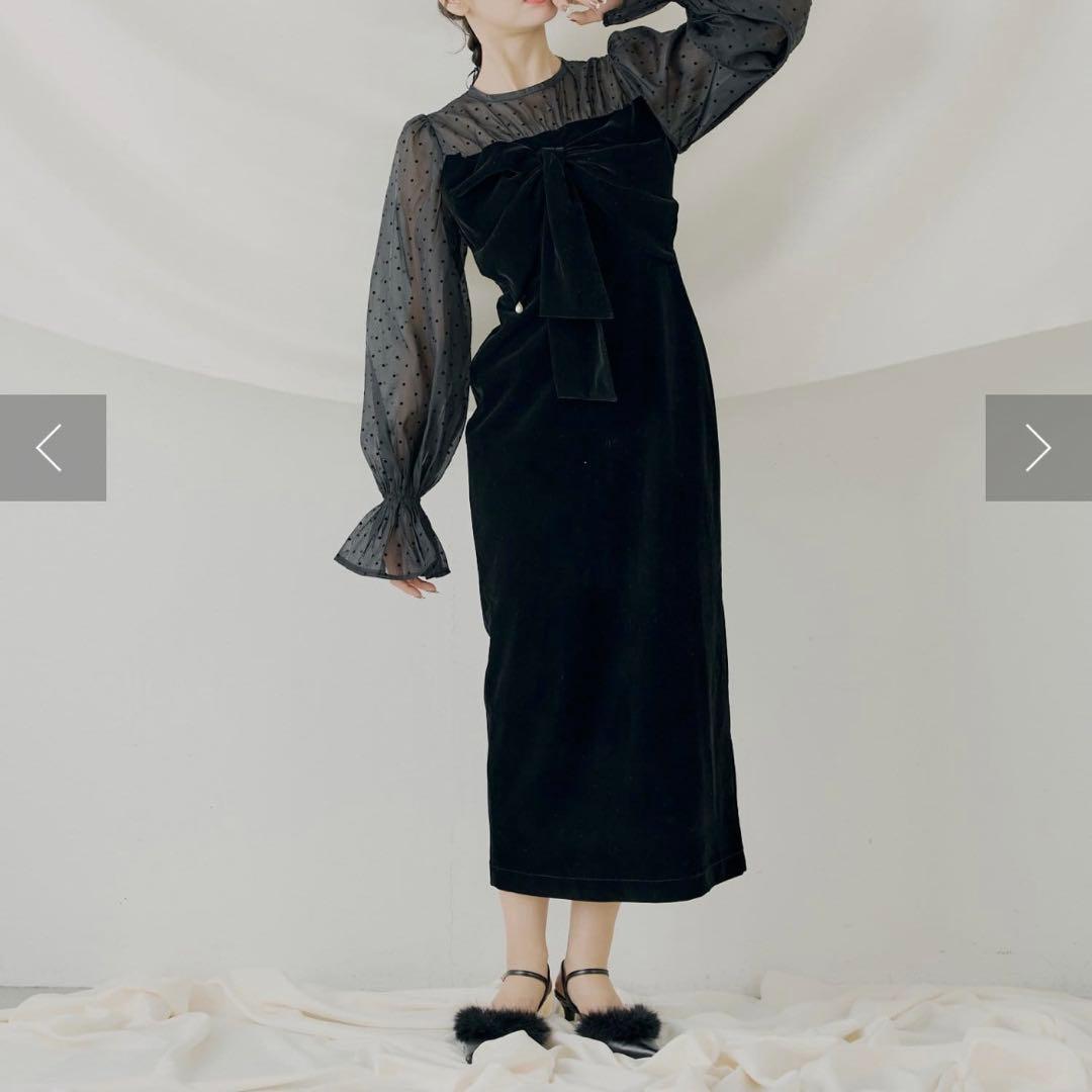 chico オケージョンドレス 配色シアーリボンベロアワンピース ブラック