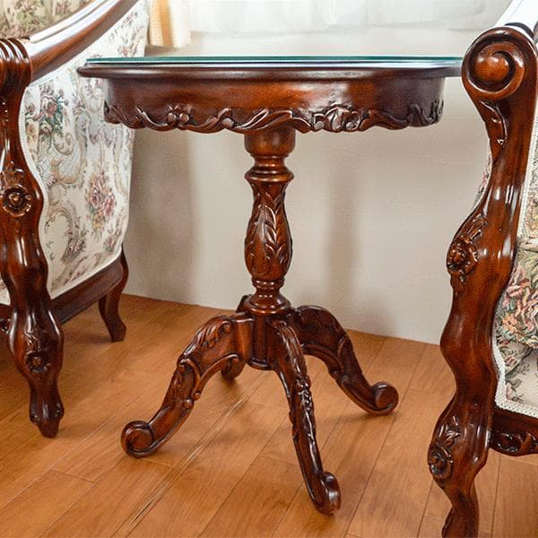 激安！新品マホガニー円形保護ガラス付 花柄 彫刻猫脚4本足