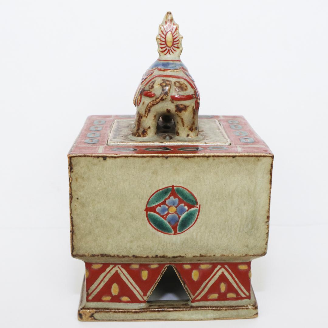 陶芸家 道林俊正作 色絵 七宝文 象香炉 共箱