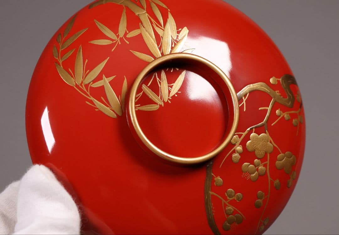 CM247】時代木製漆器 松竹梅 金蒔絵 朱塗 引盃 五客 木製漆器 小皿