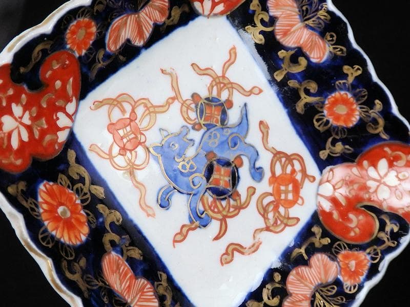 古伊万里　色絵　獅子に七宝紋の図　角皿　5枚　D559AS-BCh