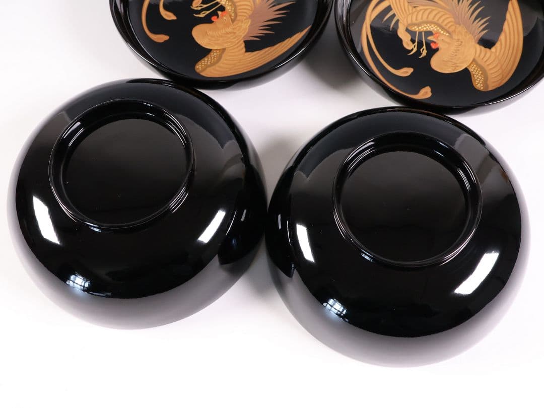 【CM397】天然木漆塗 菊桐鳳凰金蒔絵 黒塗 煮物椀 二客 昭和期 木製漆器