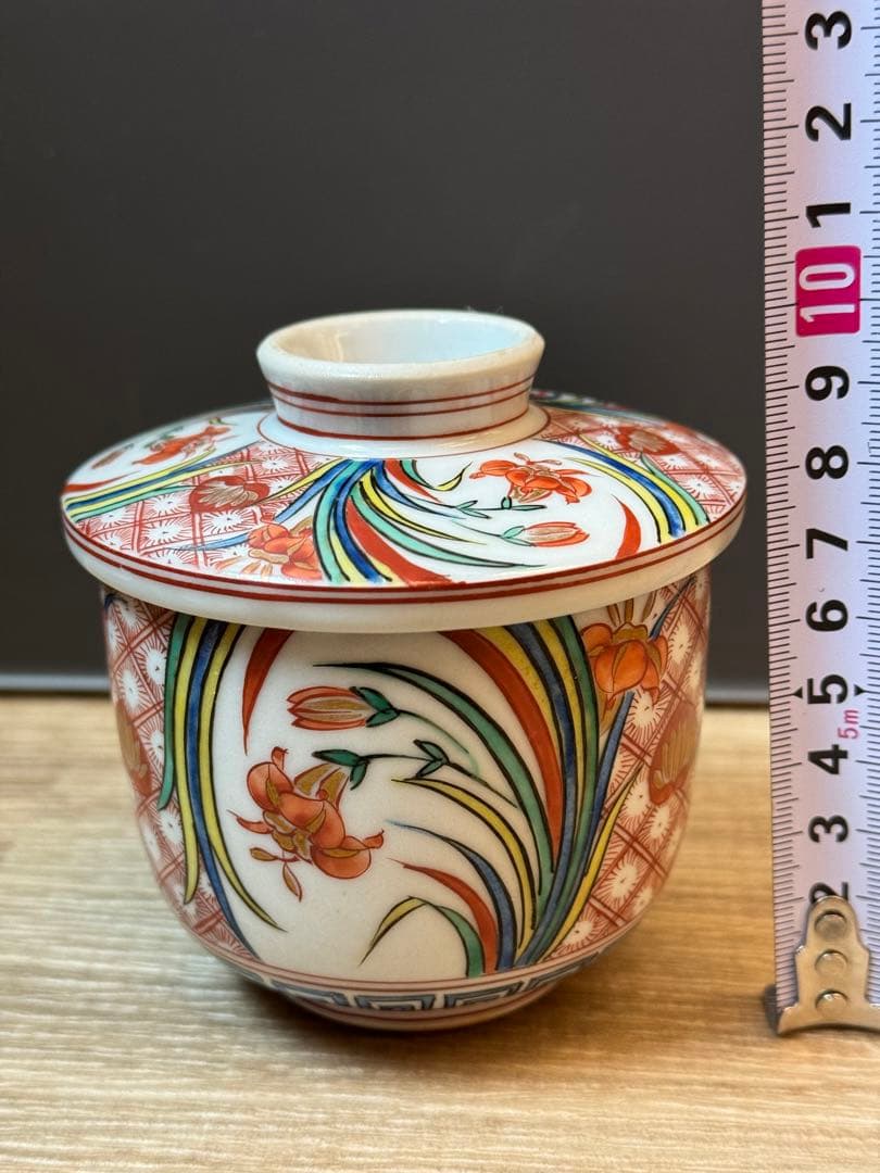 1501 九谷焼 錦絵文 蒸茶碗 10客